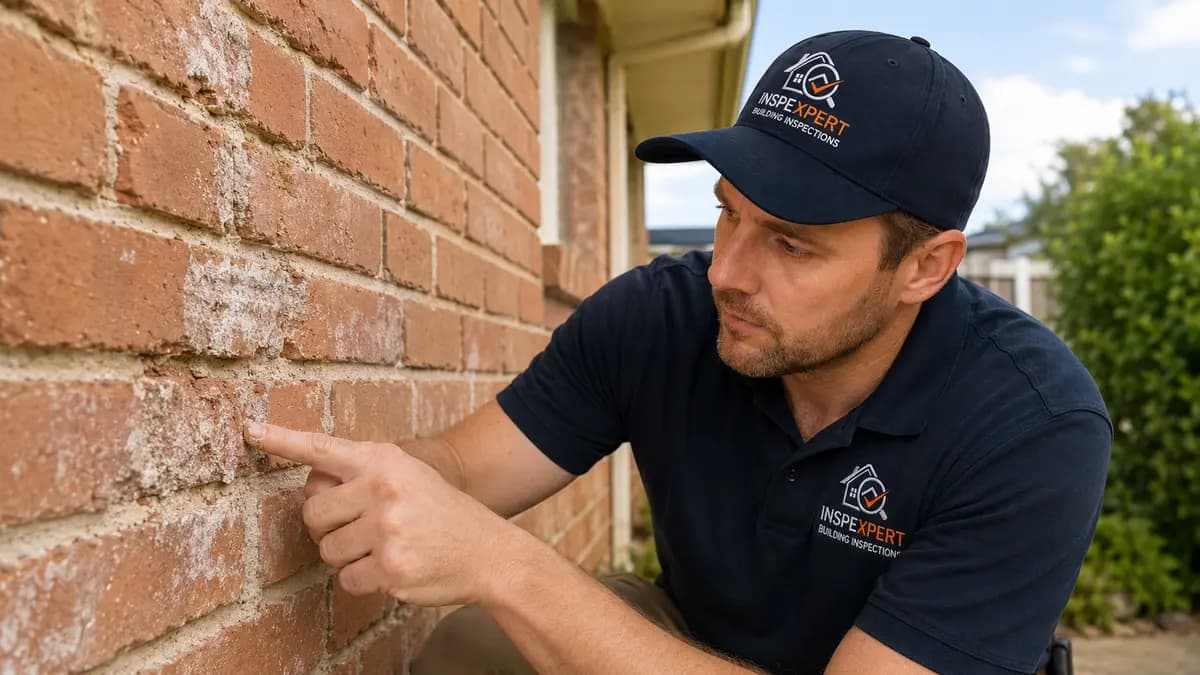 Inspector examining mortar joints on an exterior brick wall