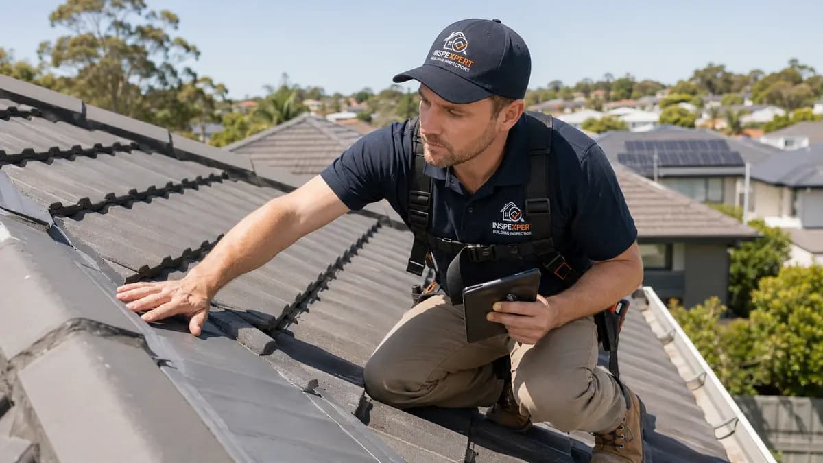 Inspector examining roof tiles and flashing from the roof surface