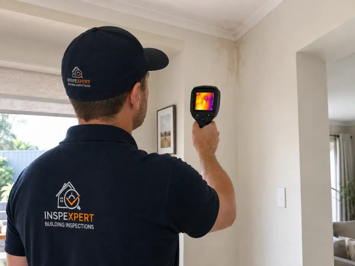 Inspector using a thermal camera to check an interior wall