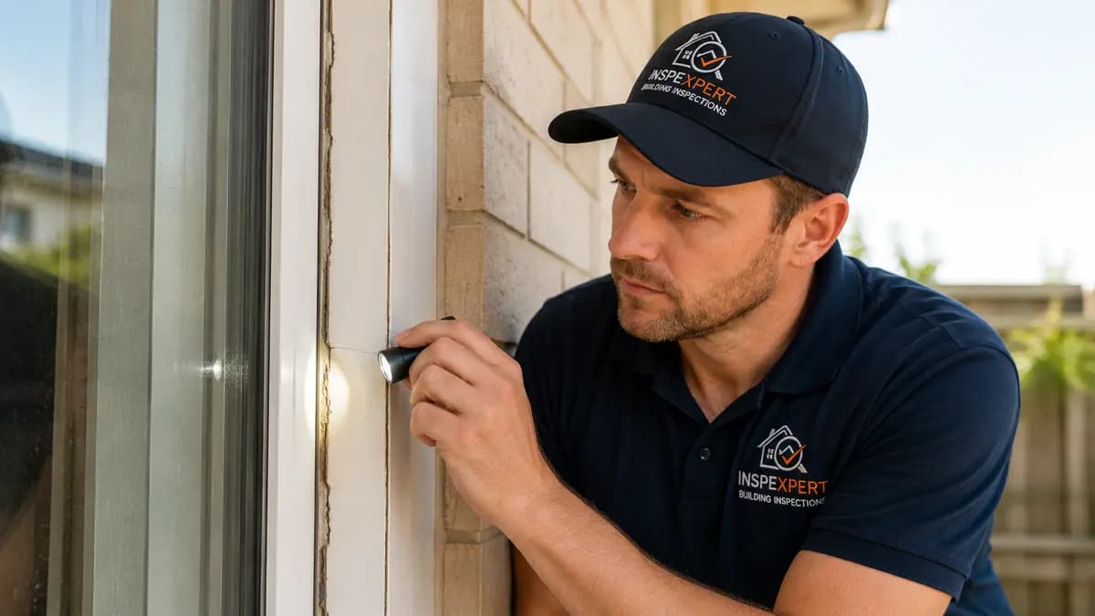 Inspector checking sealant around an exterior window frame